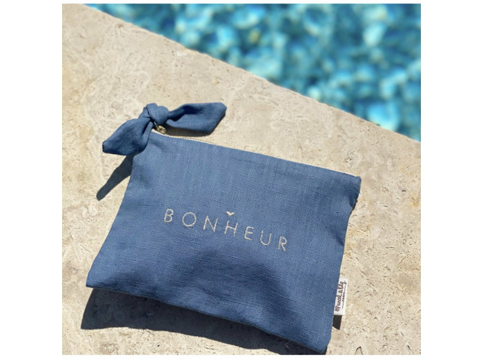 Trousse Lin bleue Brodée 'BONHEUR'