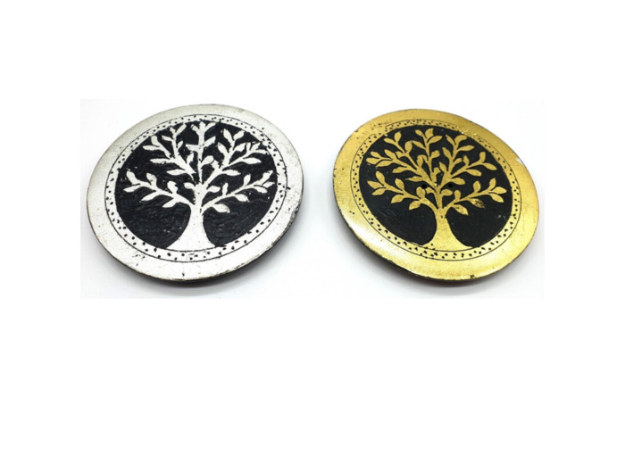 Porte-Encens Pierre Rond Arbre de Vie Argent / Doré 10cm