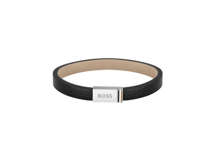 Bracelet BOSS Jace en acier et cuir noir, taille S