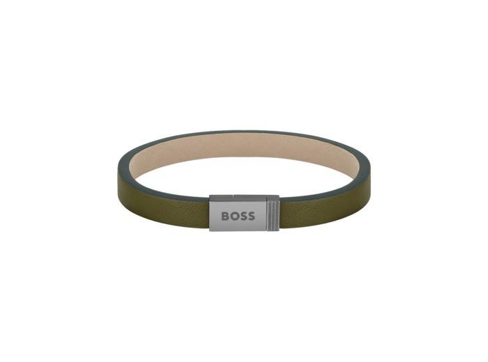 Bracelet BOSS Jace en acier PVD gris et cuir vert, taille M