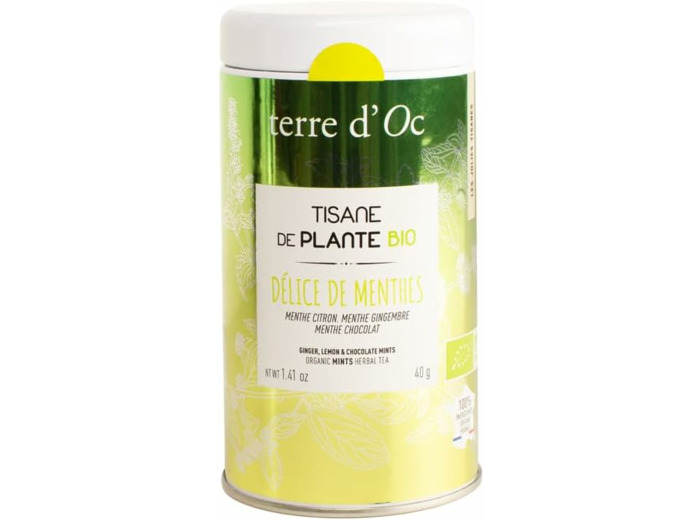 terre d'Oc - Tisane Bio Méli-Mélo de Menthes Chocolat, Gingembre & Citron - Boite en Métal - Vrac - 40g