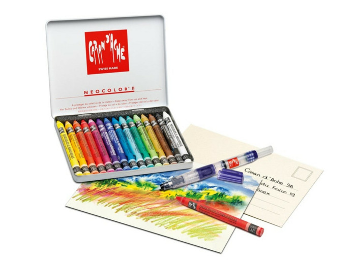 Craie à la cire Neocolor II Caran d'Ache Créative Box à 15 couleurs + cartes + pinceau