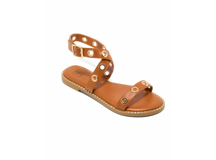 Sandale plate femme cognac