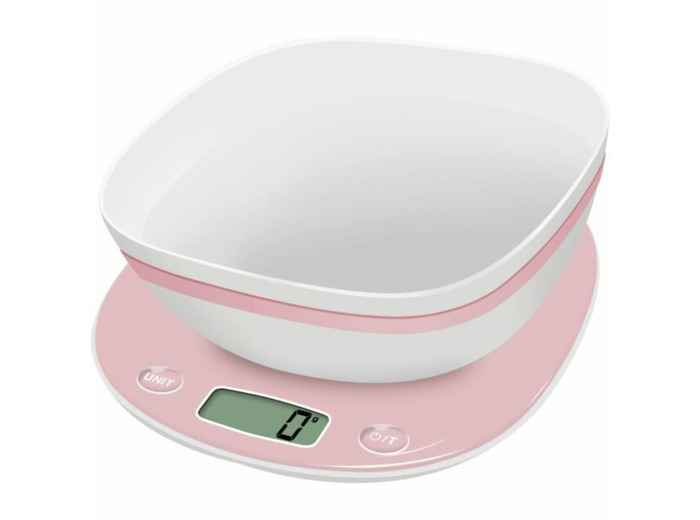 Balance de cuisine et bol macaron rose