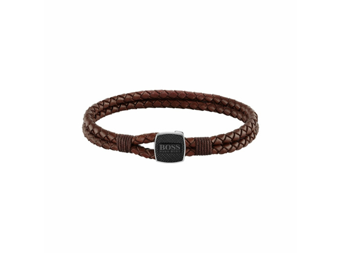 Bracelet BOSS Seal en cuir brun et acier, taille M