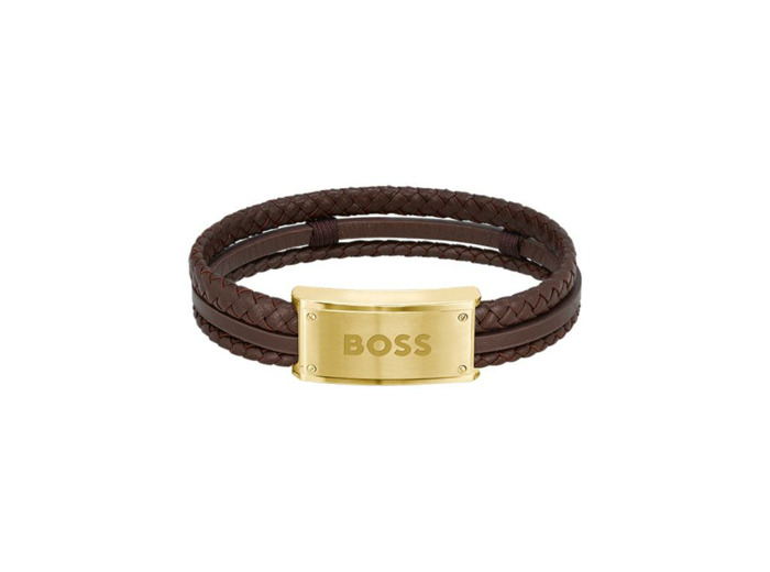 Bracelet BOSS Galen en métal doré et cuir marron, taille XL