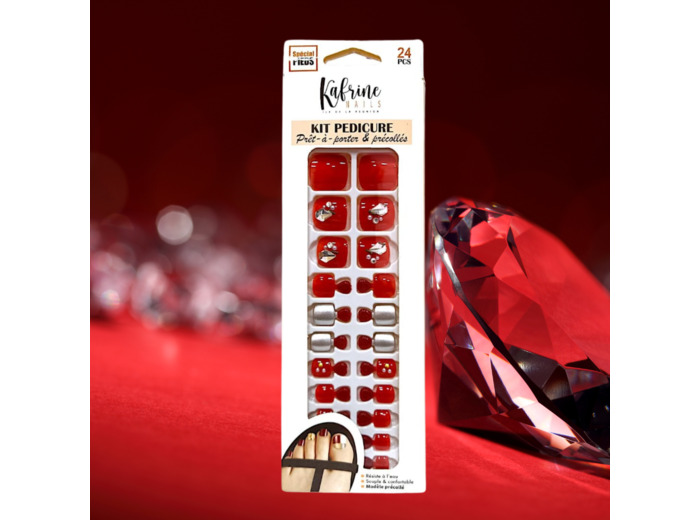PRESS ON NAILS PEDICURE- RED AND RHINESTONES