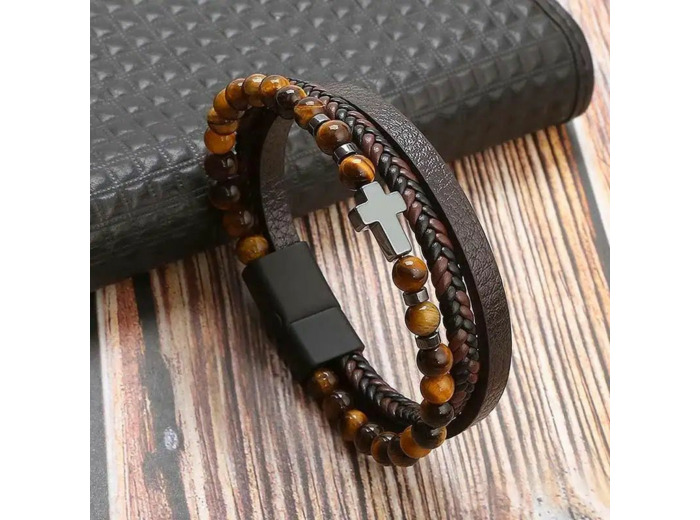 Bracelet œil du tigre et hématite avec croix