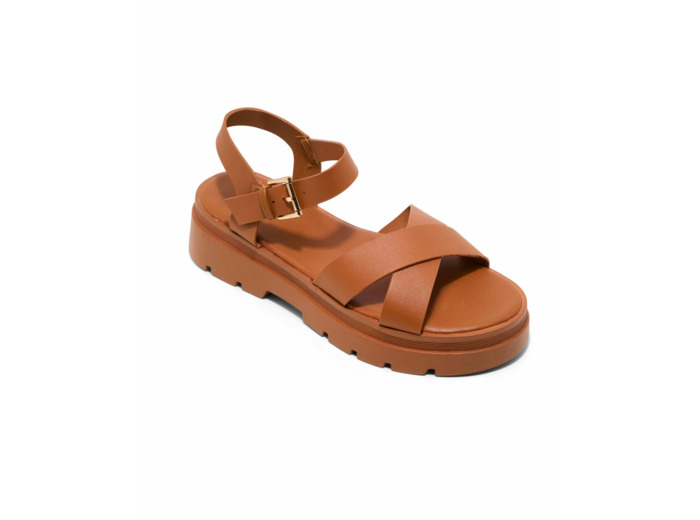 Sandale plate femme cognac