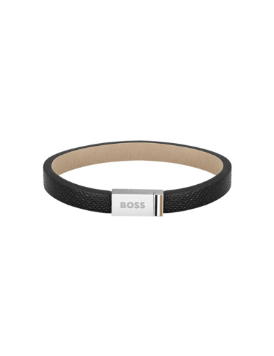 Bracelet BOSS Jace en acier et cuir noir, taille S