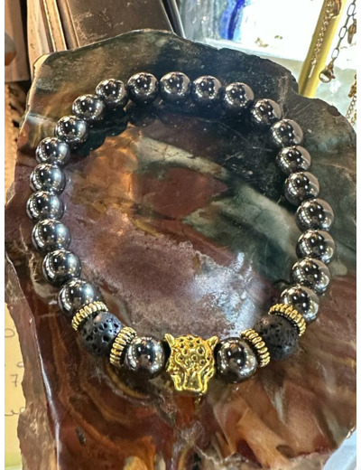 Bracelet hématite avec tête de tigre