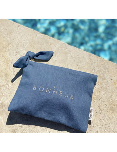 Trousse Lin bleue Brodée 'BONHEUR'