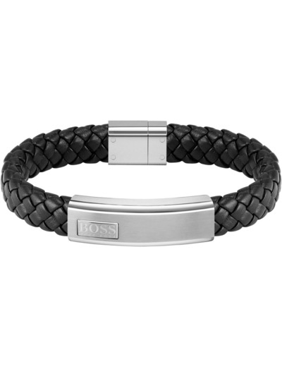 Boss bracelet homme cuir noir et acier