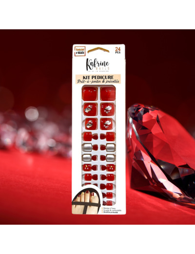 PRESS ON NAILS PEDICURE- RED AND RHINESTONES