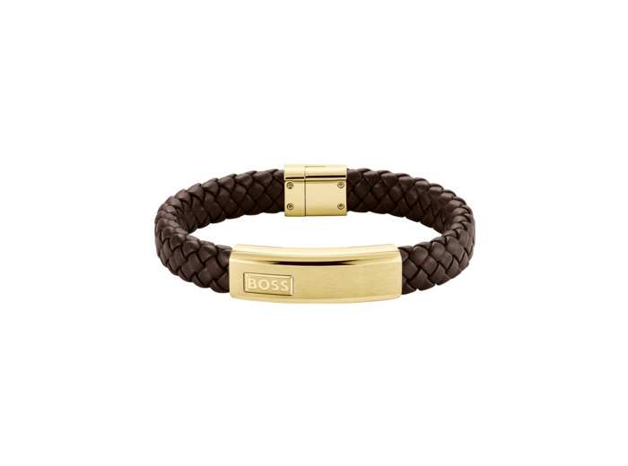 Bracelet BOSS Lander en cuir et acier doré