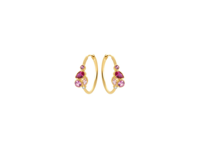Boucles d'oreilles Créoles en plaqué or, oxydes de zirconium et pierre de couleur