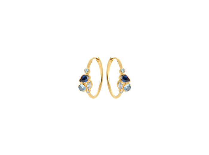 Boucles d'oreilles Créoles en plaqué or, oxydes de zirconium et pierre de couleur