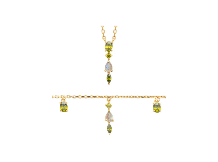 Collier en plaqué or, oxyde de zirconium et pierres de couleurs, 45 cm