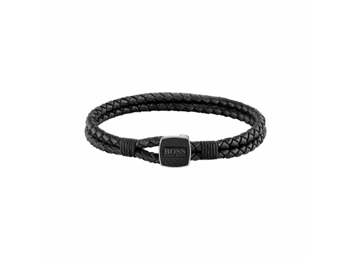 Bracelet BOSS Seal en cuir noir et acier