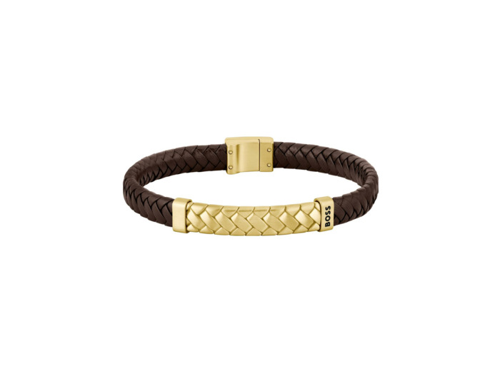 Bracelet BOSS Tailored en cuir et acier doré