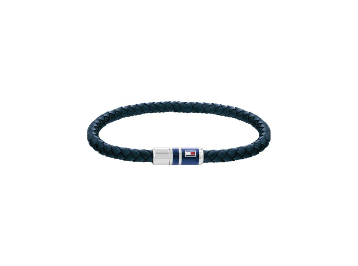 Bracelet Tommy Hilfiger en acier et cuir bleu, taille 17.5cm