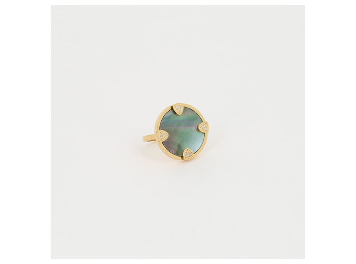 Bague ZAG en acier doré, nacre et oxydes de zirconium