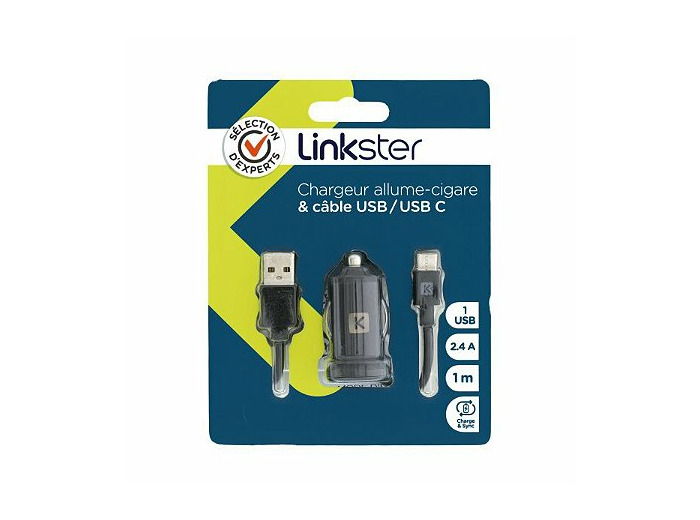 Chargeur allume cigare 1 usb 2.4 + câble usb/usb c 1m