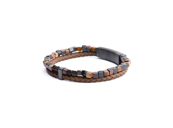 Bracelet Gemini double en cuir et oeil de tigre