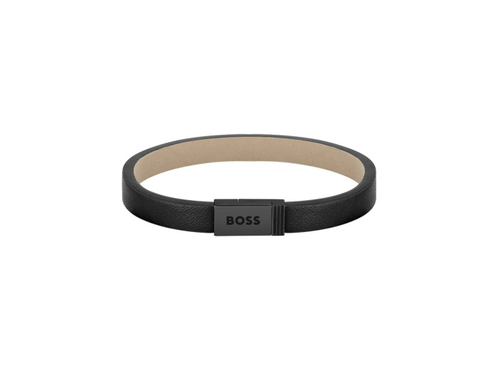 Bracelet BOSS Jace en acier PVD noir et cuir noir, taille S