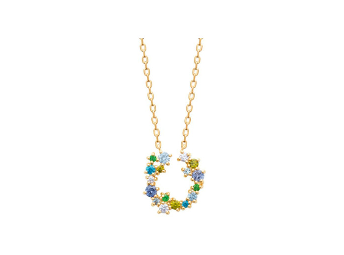 Collier en plaqué or, oxyde de zirconium et pierres de couleurs, 45 cm