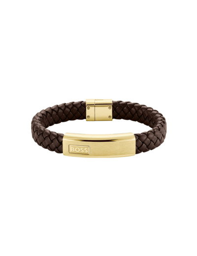 Bracelet BOSS Lander en cuir et acier doré