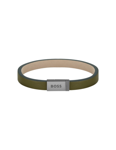 Bracelet BOSS Jace en acier PVD gris et cuir vert, taille S