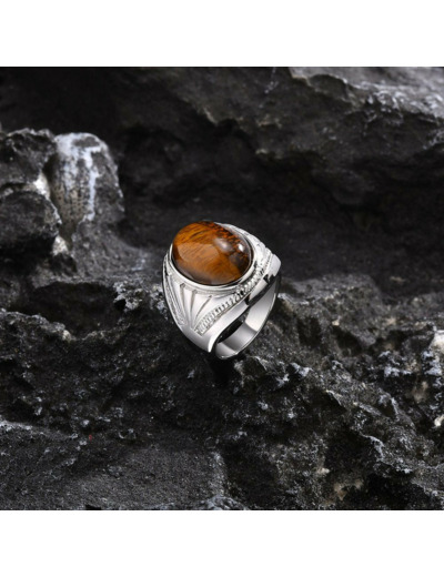 Bague chevalière homme oeil de tigre acier inoxydable