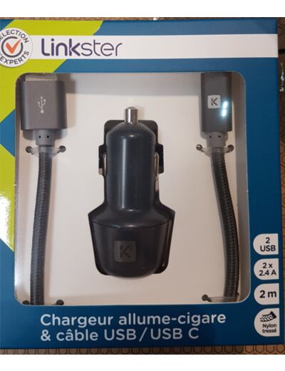 Chargeur allume cigare 2 ports USB2X 2.4 A + câble USB/USB C 2m