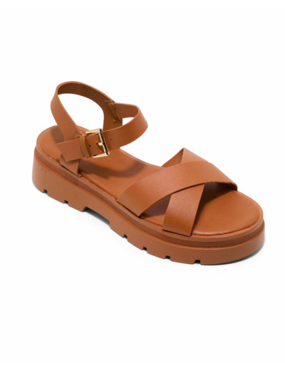 Sandale plate femme cognac