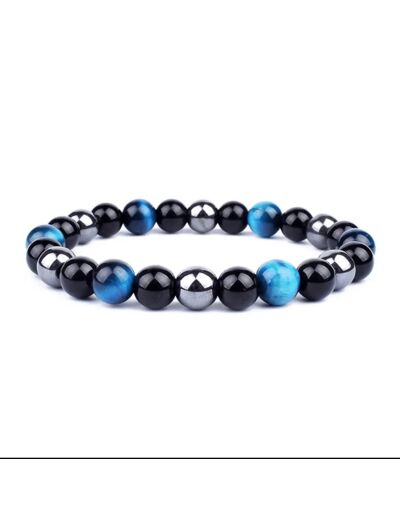 Bracelet mixte œil de tigre bleu  hématite & onyx noir 8 mm