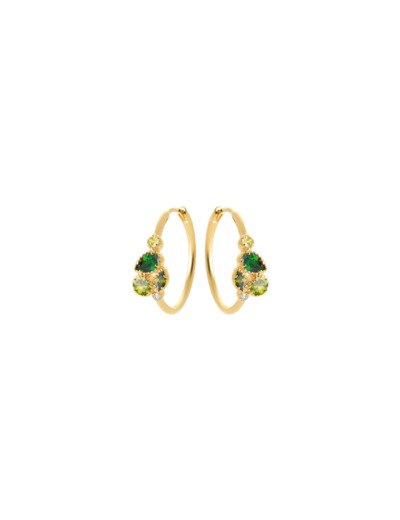 Boucles d'oreilles Créoles en plaqué or, oxydes de zirconium et pierre de couleur