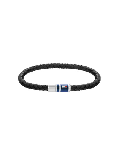 Bracelet Tommy Hilfiger en acier et cuir noir, taille 17.5cm