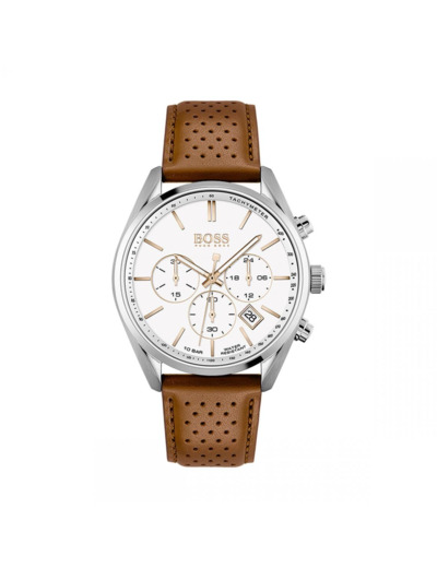 Boss Montre Homme Champion cadran blanc et cuir marron