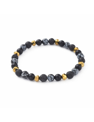 Bracelet élastique en pierre de lave, obsidienne flocon de neige et agate noire