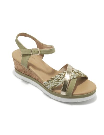 Sandale talon compensee femme kaki or