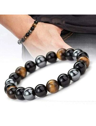 Bracelet mixte pierre naturelle œil de tigre hématite onyx 8mm