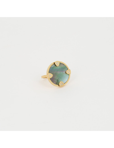 Bague ZAG en acier doré, nacre et oxydes de zirconium