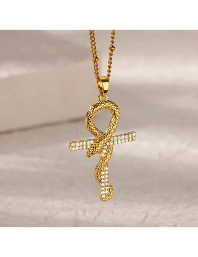 Collier croix de Ankh et serpent de la connaissance
