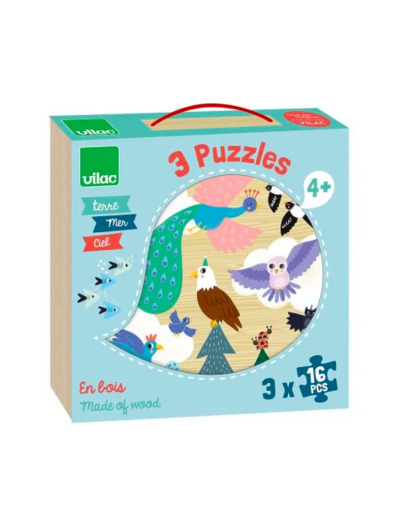 Coffret en bois 3 puzzles évolutifs Terre, mer et ciel  - Vilac - 8536