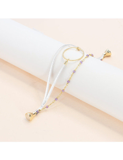Bracelet Flowersforzoé en cuir, métal doré et améthyste
