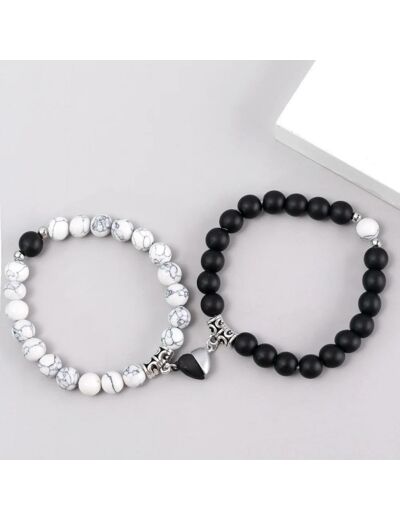 Bracelet couple coeur Onyx Howlite