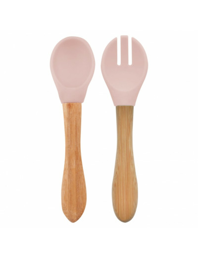 Set de 2 couverts en silicone et bambou - Rose poudré - MKCOUVR - Minikoikoi