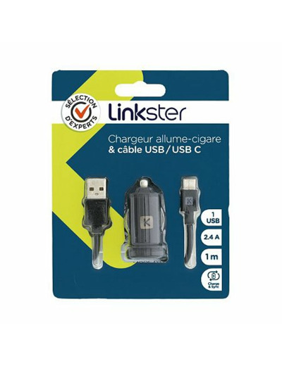 Chargeur allume cigare 1 usb 2.4 + câble usb/usb c 1m