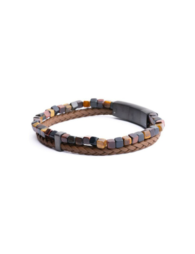 Bracelet Gemini double en cuir et oeil de tigre